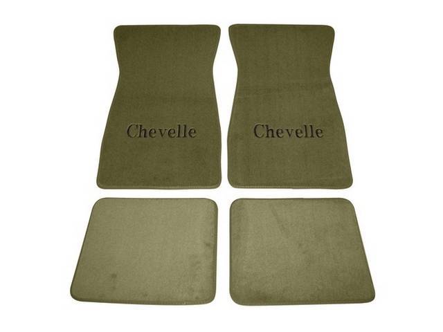 FLOOR MATS, Carpet, Cut Pile, Light Neutral (Light Gray) w/ *Chevelle* in black lettering, (4)