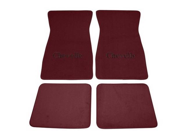 FLOOR MATS, Carpet, Cut Pile, Oxblood (Darkest Red) w/ *Chevelle* in black lettering, (4)