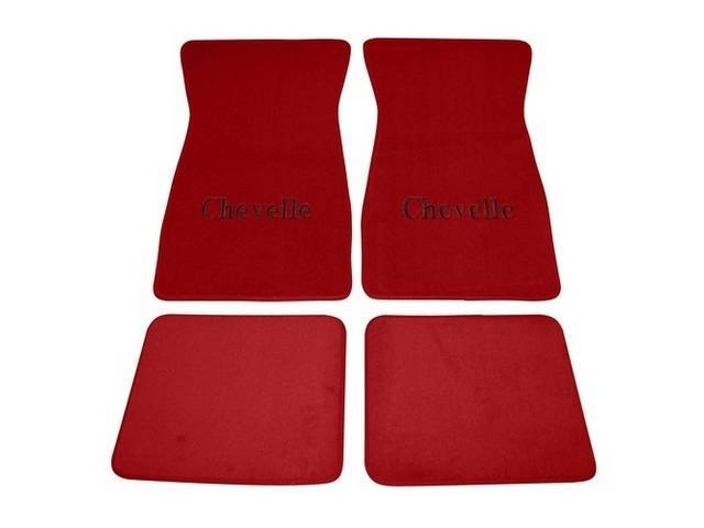 FLOOR MATS, Carpet, Cut Pile, Firethorn (Lighter than Oxblood or Maroon) w/ *Chevelle* in black lettering, (4)