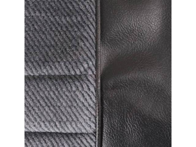UPHOLSTERY SET, Front Bench, 50-50 Split Back W/O arm rest, Black Madrid Grain Vinyl W/ Charcoal Velour Inserts, Incl head rest Material