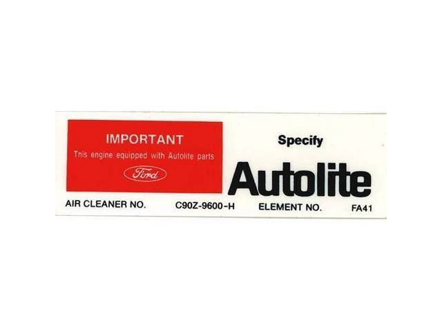 Air Cleaner Replacement Filter Engine Decal, Autolite C9OZ-9600-H FA41