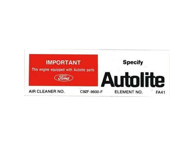 Air Cleaner Replacement Filter Engine Decal, Autolite C9ZF-9600- FA-41