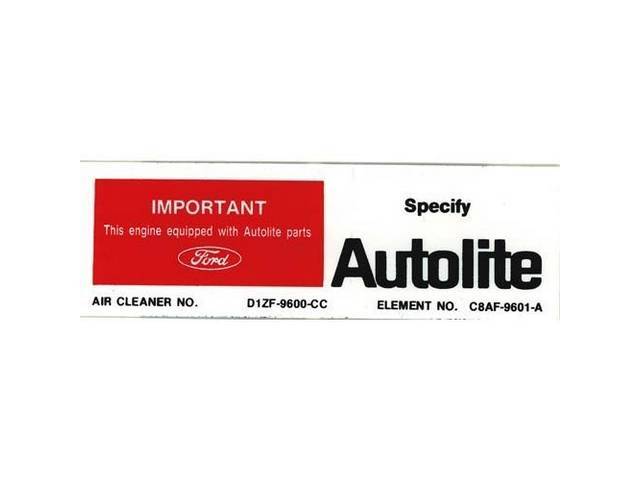 Air Cleaner Replacement Filter Engine Decal, Autolite D1ZF-9600-CC C8AF-9601-A