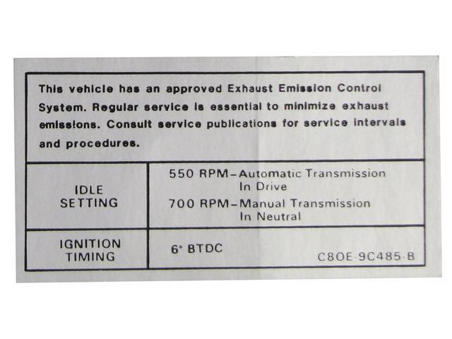 Vehicle Emission Control Information Engine Decal, C8OE-9C485-B