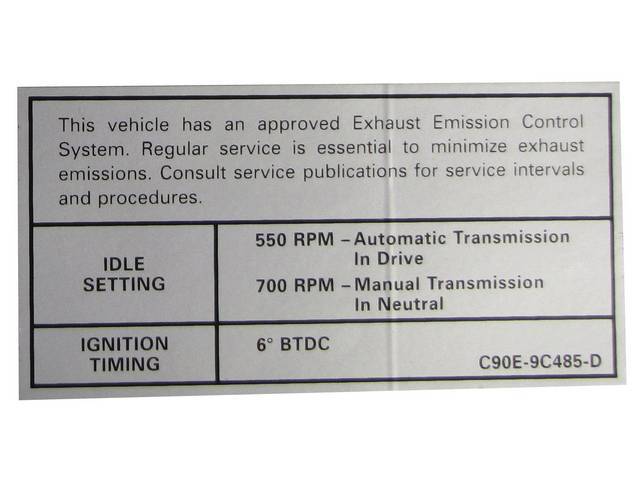 Vehicle Emission Control Information Engine Decal, C9OE-9C485-D
