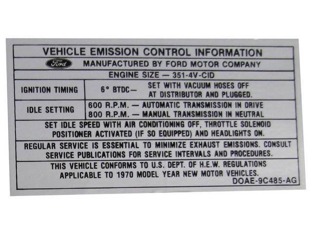 Vehicle Emission Control Information Engine Decal, D0AE-9C485-AG