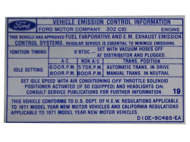 Vehicle Emission Control Information Engine Decal, D1OE-9C485-EA