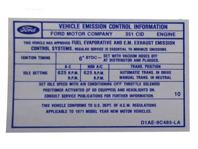 Vehicle Emission Control Information Engine Decal, D1AE-9C485-LA