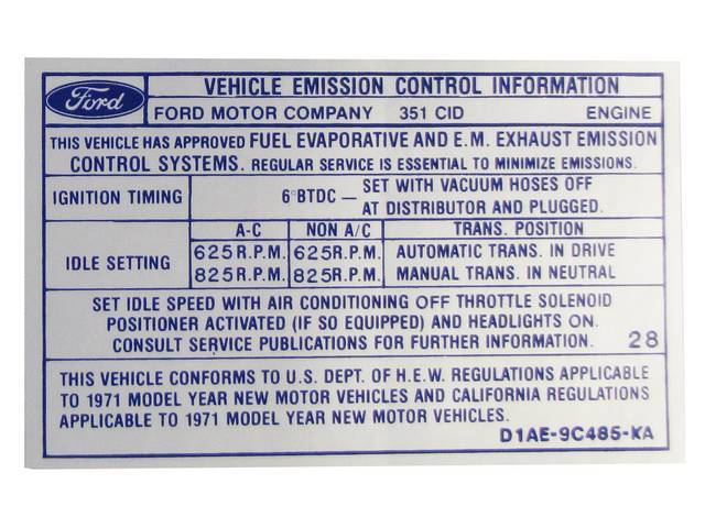Vehicle Emission Control Information Engine Decal, D1AE-9C485-KA