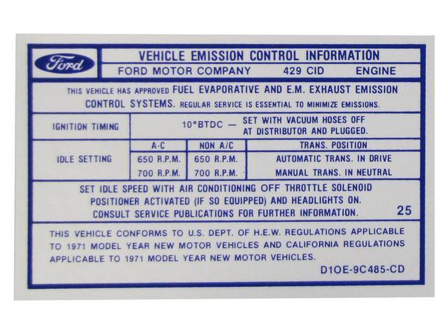 Vehicle Emission Control Information Engine Decal, D1OE-9C485-ED