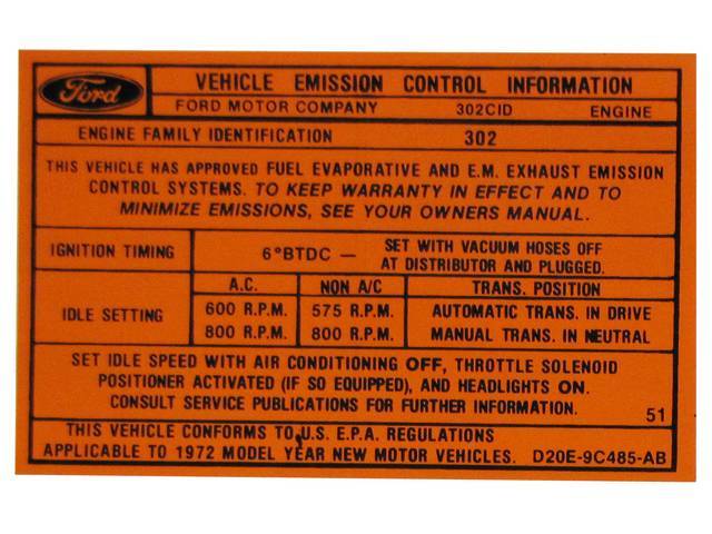 Vehicle Emission Control Information Engine Decal, D2OE-9C485-AB