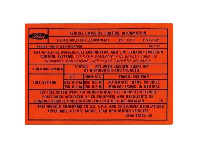 Vehicle Emission Control Information Engine Decal, D2AE-9C485-HA