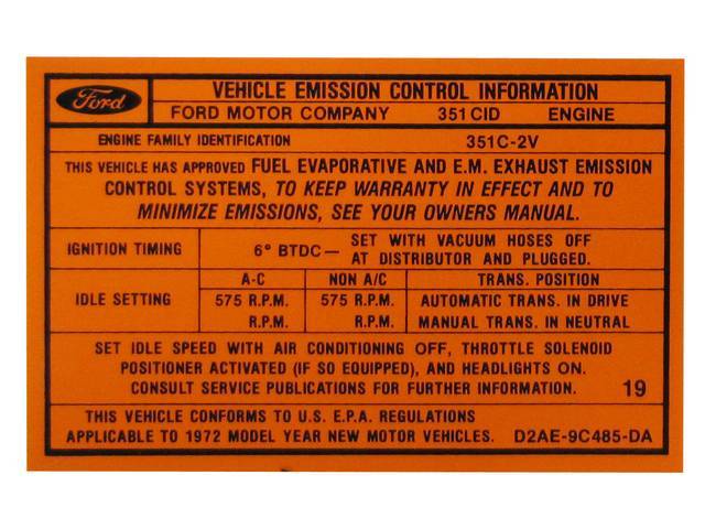 Vehicle Emission Control Information Engine Decal, D2AE-9C485-DA