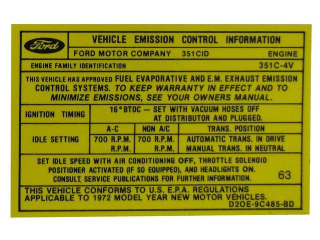 Vehicle Emission Control Information Engine Decal, D2OE-9C485-BD