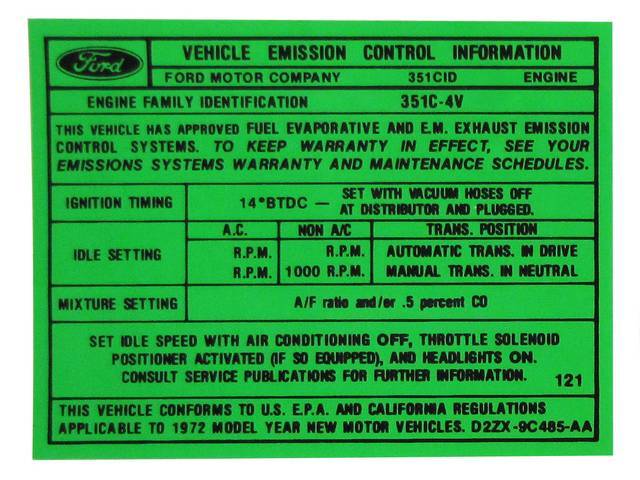 Vehicle Emission Control Information Engine Decal, D2ZX-9C485-A