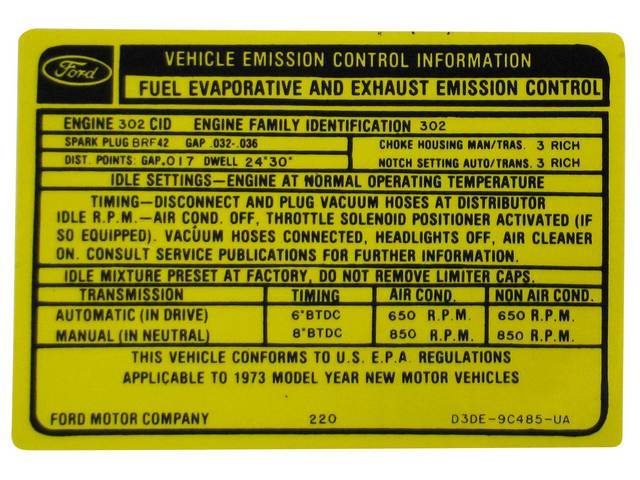 Vehicle Emission Control Information Engine Decal, D3DE-9C485-UA