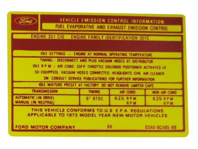 Vehicle Emission Control Information Engine Decal, D3AD-9C485-BB