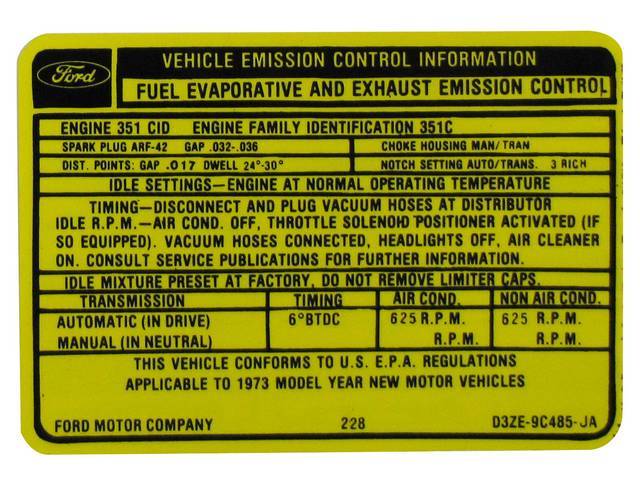 Vehicle Emission Control Information Engine Decal, D3ZE-9C485-AJ