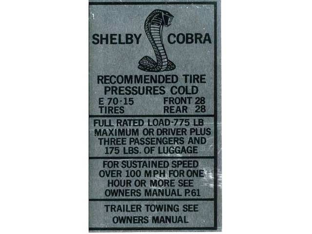 Tire Pressure Interior Glove Box Decal, Shelby Cobra Recommended Tire Pressures Cold, E70-15, 24 psi