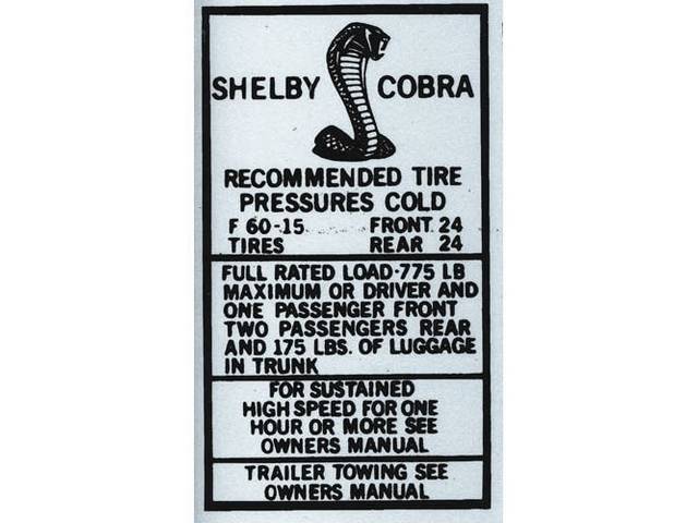 Tire Pressure Interior Glove Box Decal, Shelby Cobra Recommended Tire Pressures Cold, F60-15, 24 psi