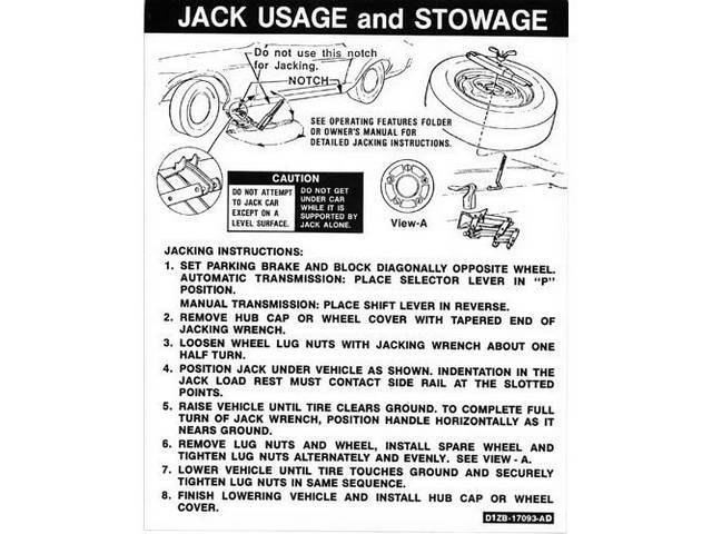 Jack Instructions Trunk Decal, D1ZB-17093-AD