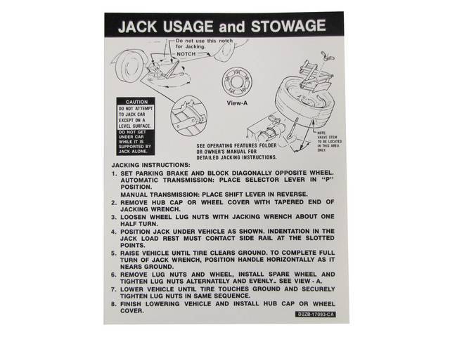 Jack Instructions Trunk Decal, D2ZB-17093-A