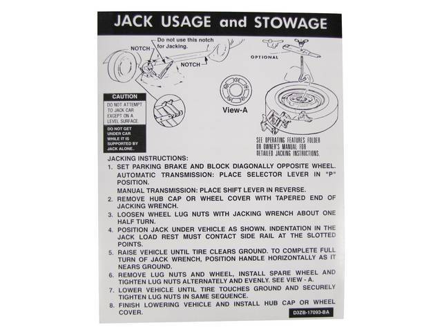 Jack Instructions Trunk Decal, D3ZB-17093-BA