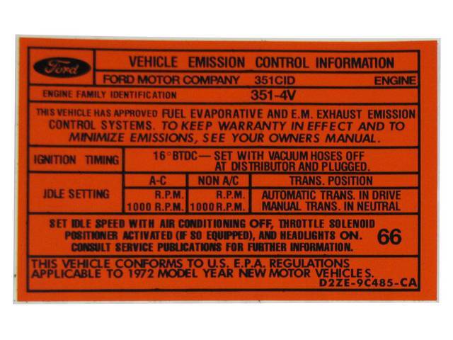 Vehicle Emission Control Information Engine Decal, D2ZE-9C485-CA