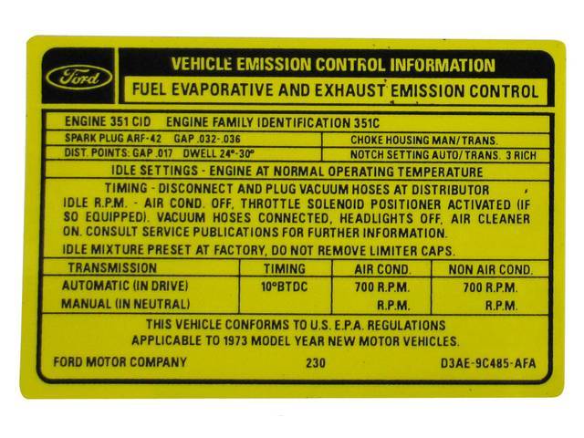 Vehicle Emission Control Information Engine Decal, D3AE-9C485-AFA