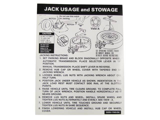 Jack Instructions Trunk Decal, D2ZB-17093-DA