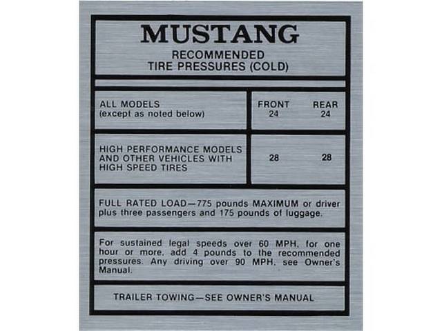 Tire Pressure Interior Glove Box Interior Decal, Mustang Recommended Tire Pressures (Cold)