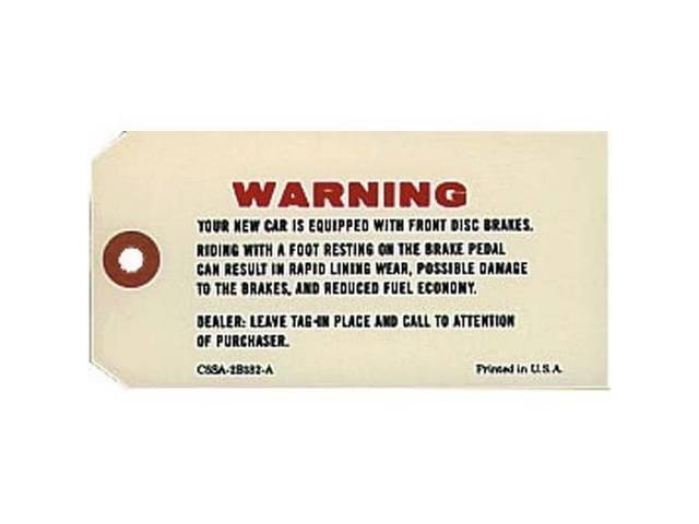Disc Brake Warning Interior Tag, Warning