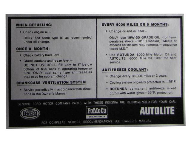 DECAL, Engine Compartment, Service Specifications