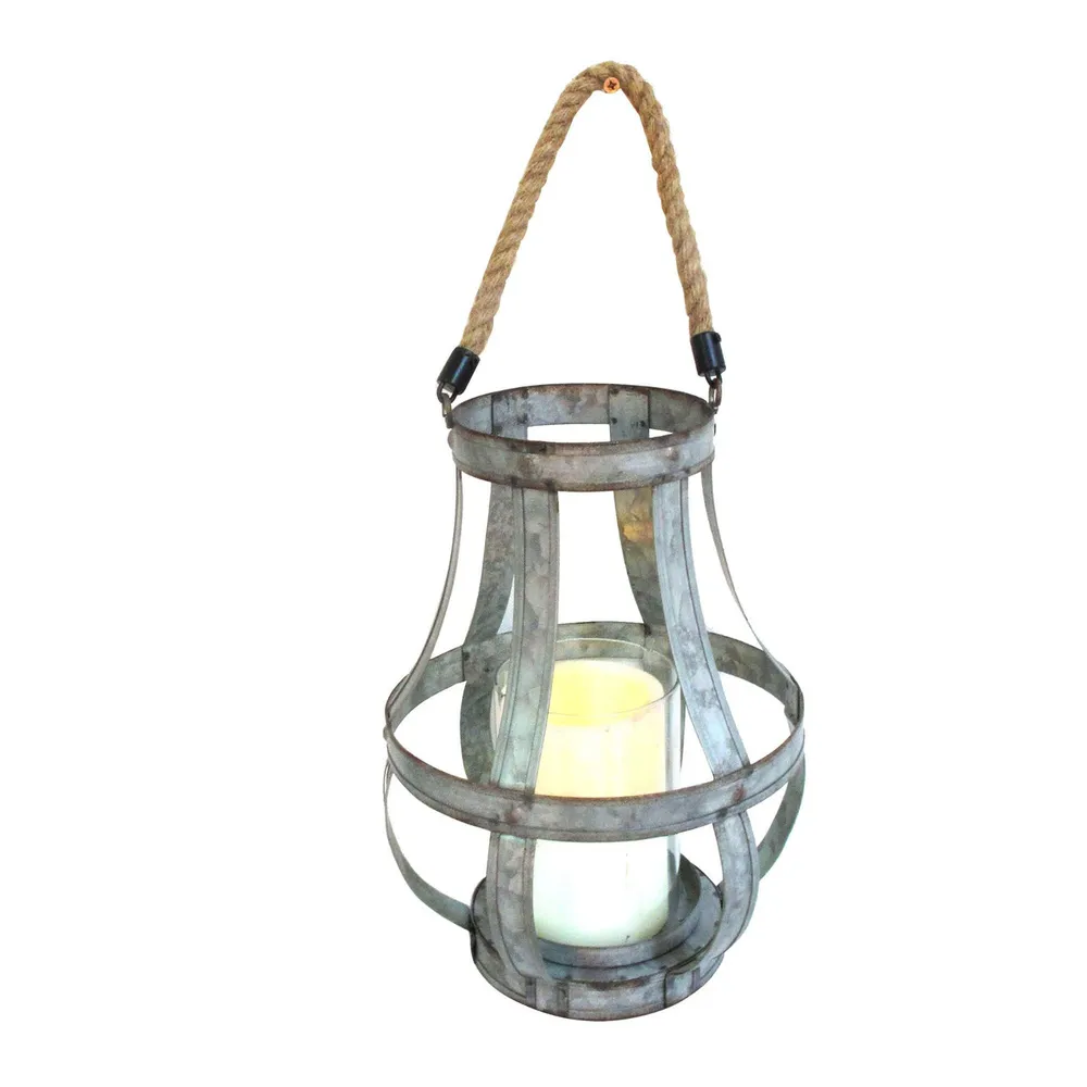 11.5″ Silver Rustic Lantern Style Votive Candleholder with Jute Rope