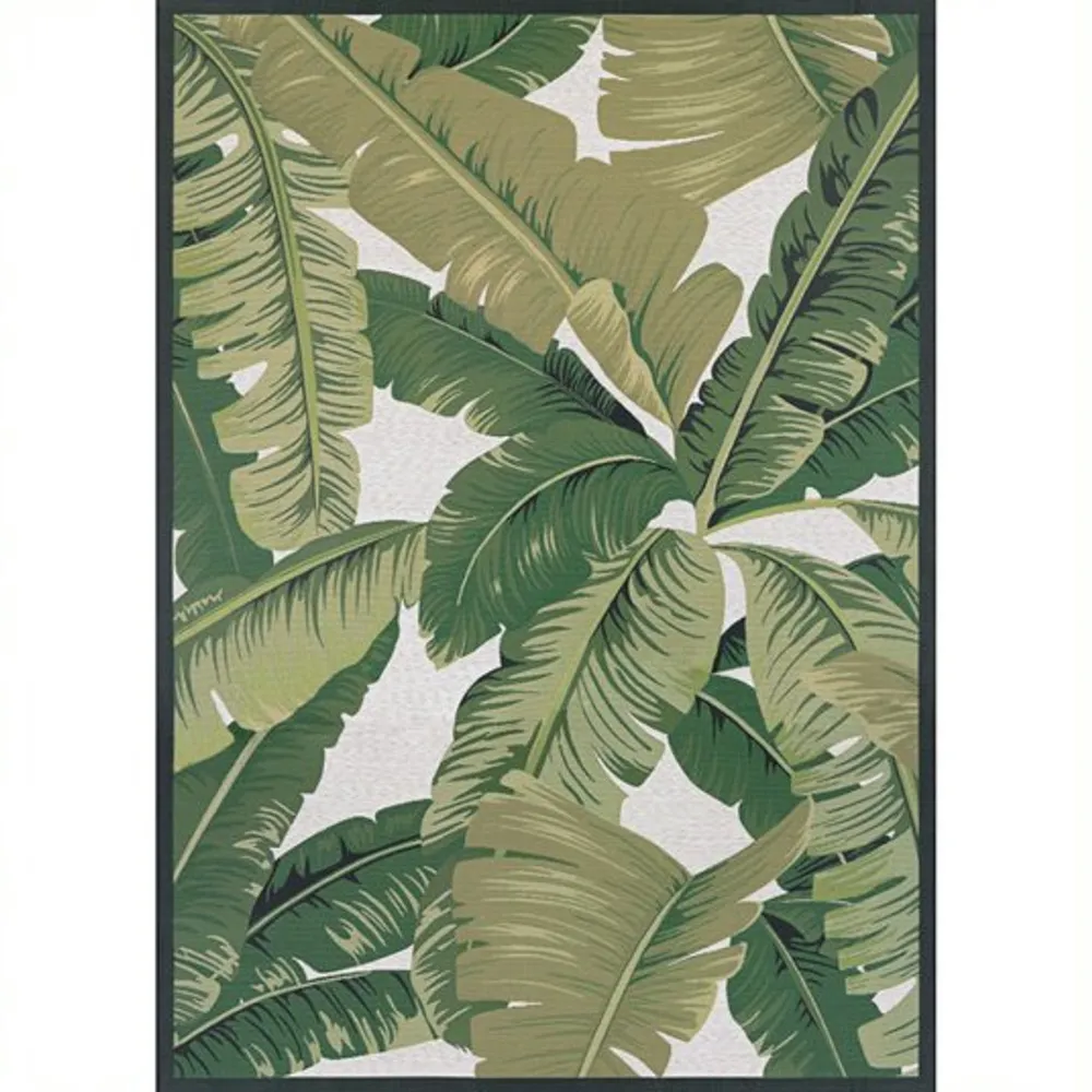 8.08′ x 11.16′ Green and Ivory Leafy Rectangular Outdoor Throw Rug
