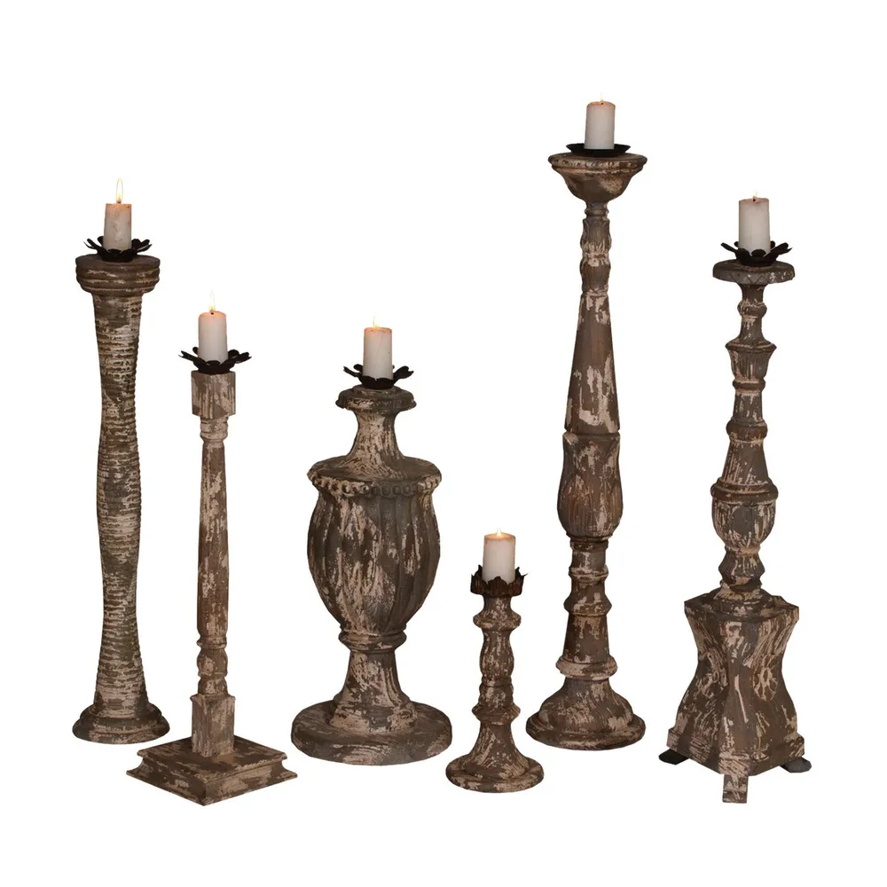 Set of 6 Potting Shed Gris Finish Hand-Carved Sticks Candle Holder 36″