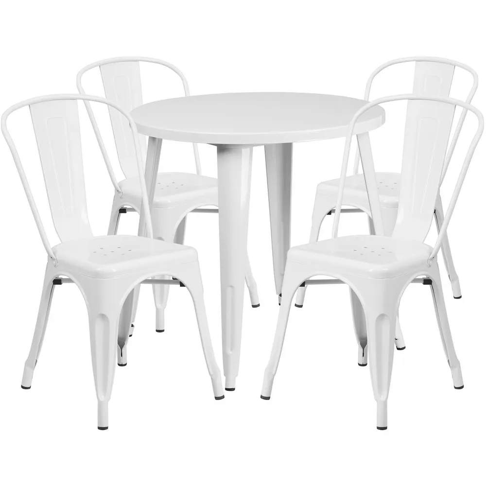 Set of 5 White Round Metal Indoor/Outdoor Table & Cafe Chairs Set 33″