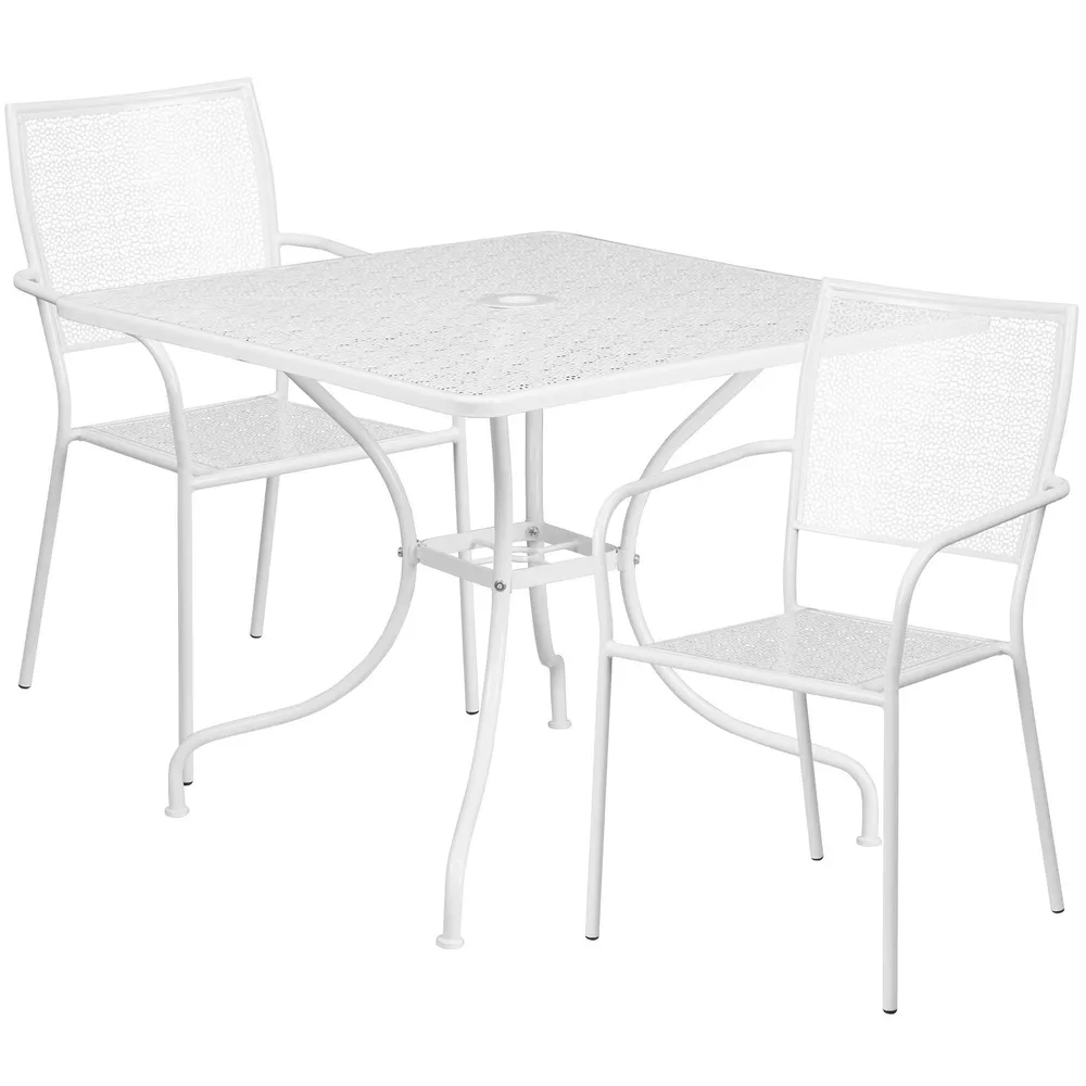 Set of 3 White Contemporary Outdoor Furniture Patio Table with Square Back Chairs
