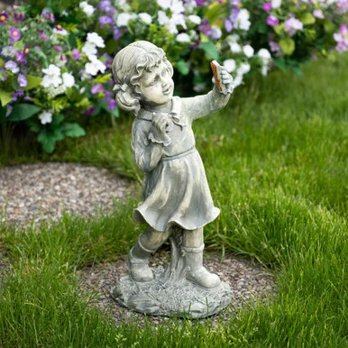 Distressed Gray Girl with Cell Phone LED Garden Statue: 18″, Solar Powered, Outdoor Decor