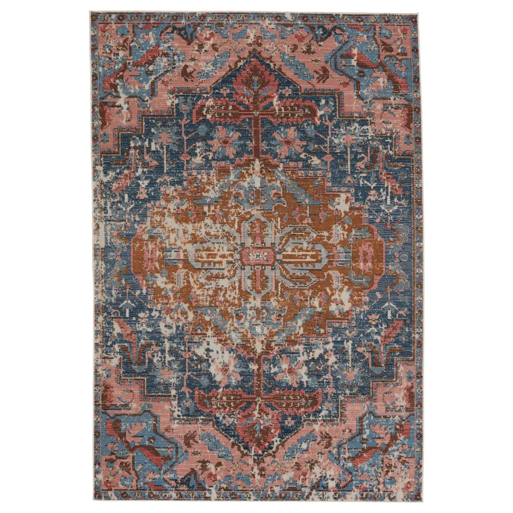 4′ x 5.5′ Blue and Pink Bohemian Medallion Rectangular Outdoor Area Throw Rug