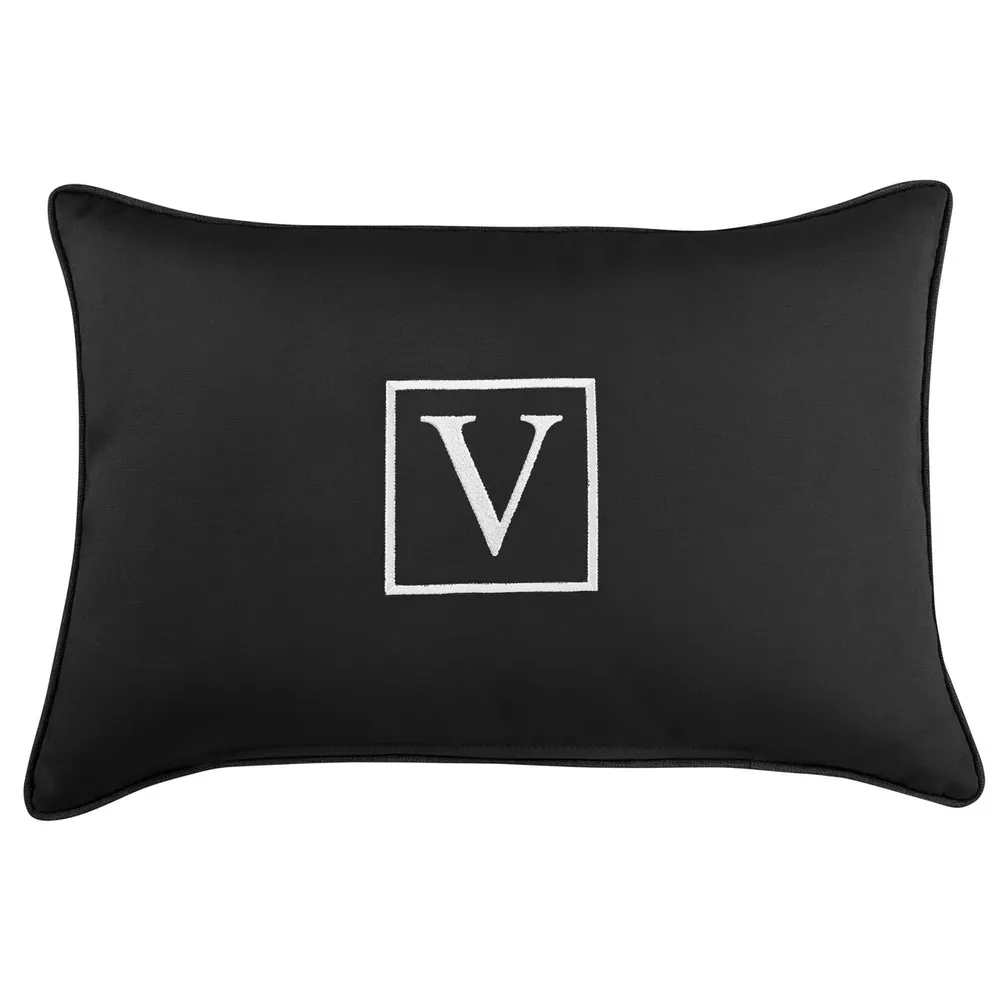 13″ x 20″ Black and White Monogram “V” Single Embroidered Sunbrella Indoor and Outdoor Lumbar Pillow
