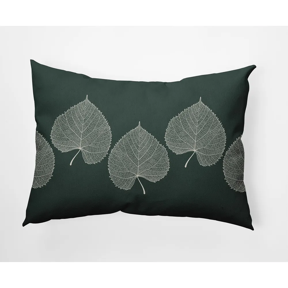 14″ x 20″ Green and White Leaf Print Rectangular Outdoor Throw Pillow