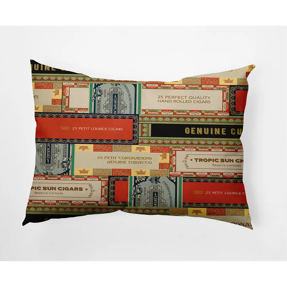 14″ x 20″ Beige and Orange Cigar Box Collage Outdoor Throw Pillow