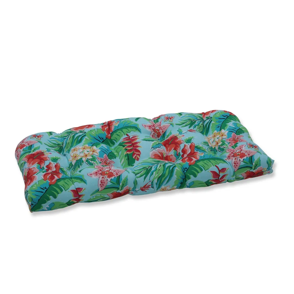 44″ Blue and Green Tropical Outdoor Tufted Wicker Loveseat Cushion