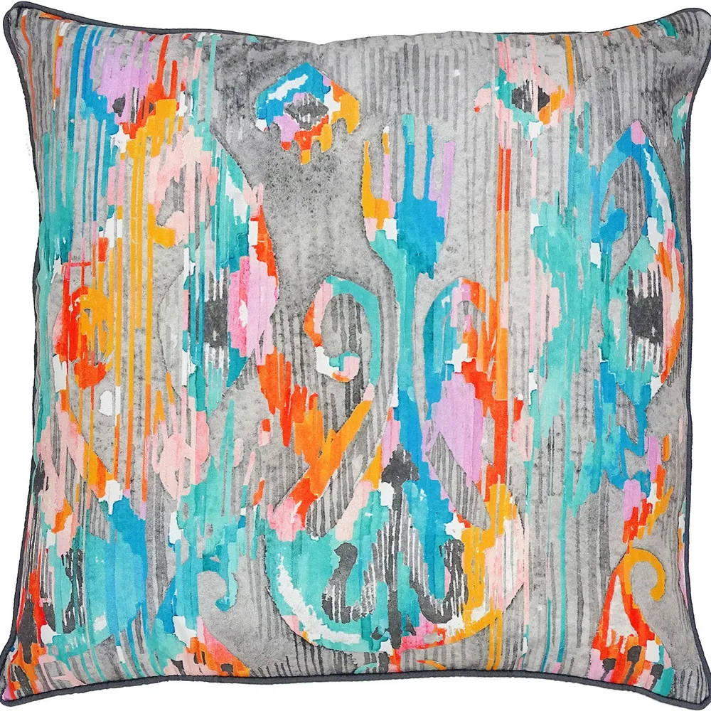 22″ Gray and Teal Blue Abstract Square Outdoor Patio Throw Pillow