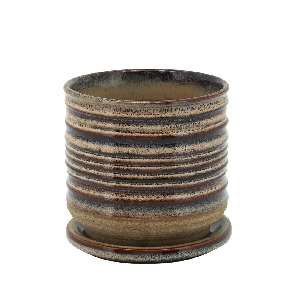 5″ Black and Brown Ceramic Textured Planter with Saucer