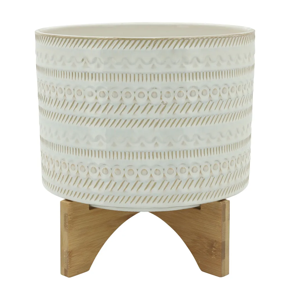 11″ Ivory and Beige Tribal Ceramic Planter with Stand