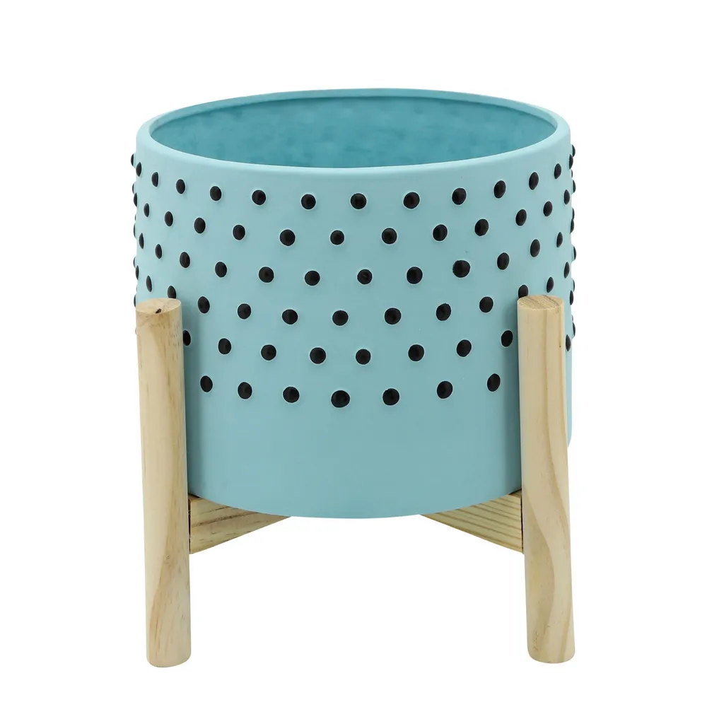 8″ Blue Ceramic Polka Dotted Planter with Stand
