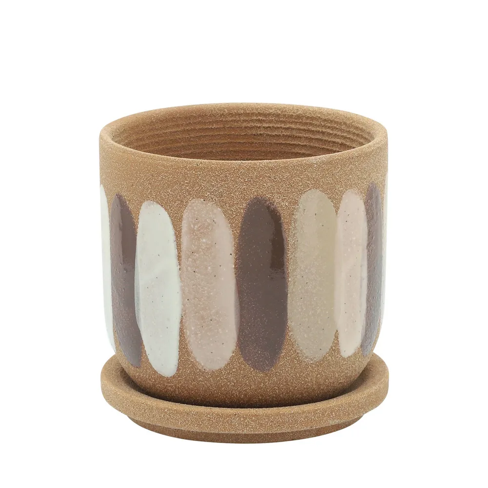 5″ Tan Brown and Beige Ceramic Striped Planter with Saucer