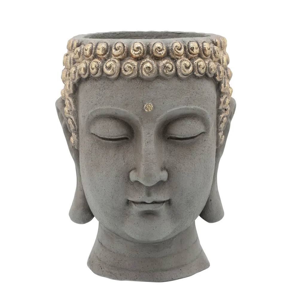 12″ Gray and Gold Buddha Head Planter